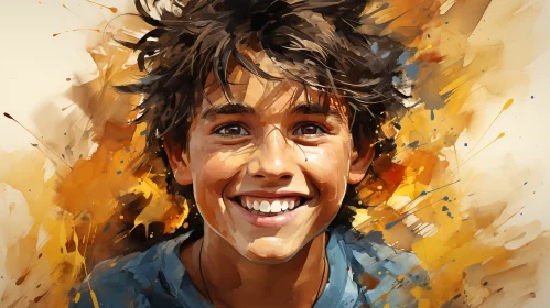 Smiling Boy in Digital Painting - A Blend of Realism and Cartoonish Style AI Image