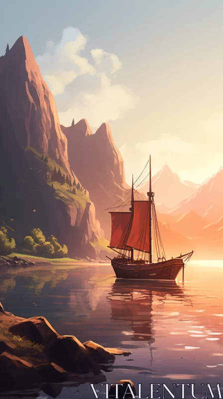 Tranquil Sailing Scene with Warm Mountain Backdrop AI Image