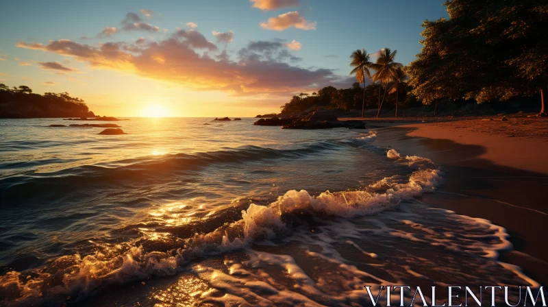 Tranquil Sunrise Beach with Afro-Caribbean Styled Waves AI Image