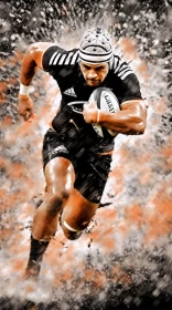 Victorious Rugby Player in Dark Attire on Vibrant Field: Unique Blend of Art Styles and Techniques AI Image