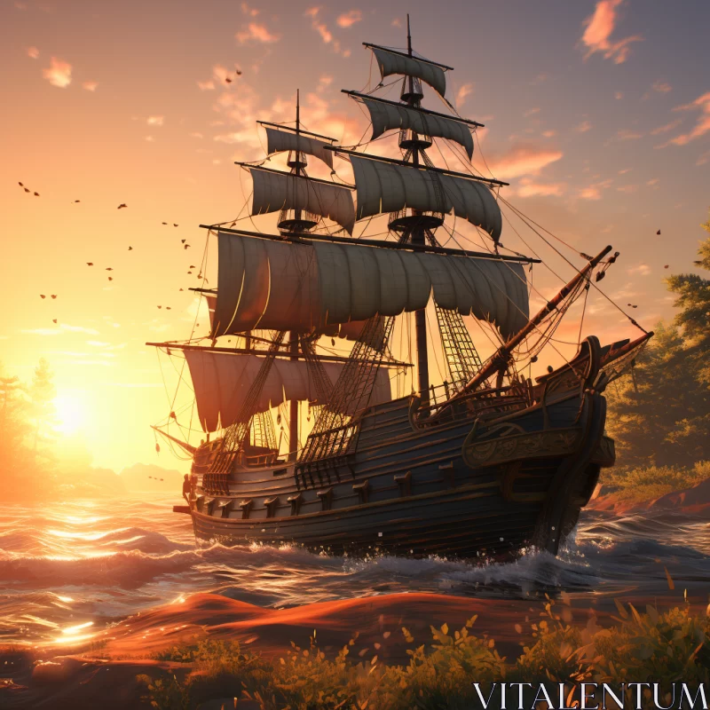 17th Century Ship in Sunset: A Nautical Masterpiece AI Image