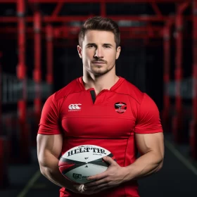 Dramatic Rugby Player Portrait in Rich Red and Soft Gym Light AI Image