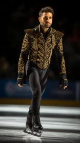 Elegant Male Figure Skater in Gold and Black Costume Performing on Ice AI Image