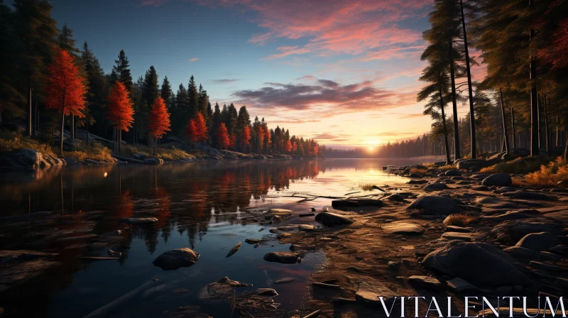 Majestic Sunset Over River in Norwegian Nature AI Image
