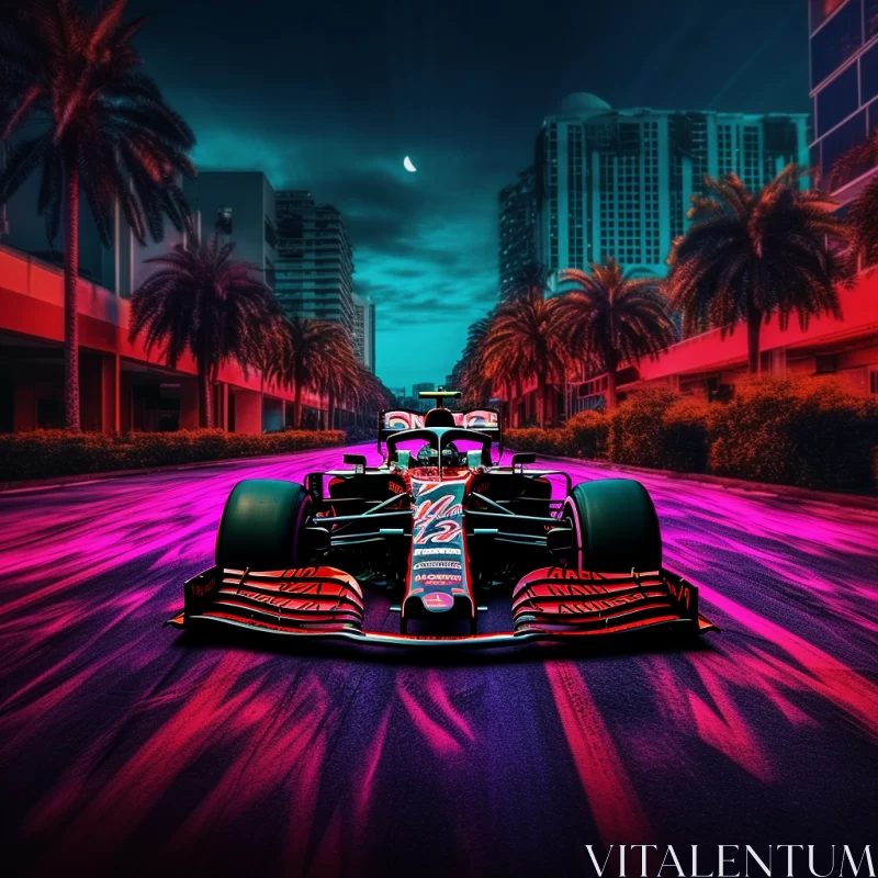 2018 Formula 1 Car in Neon-Lit Cityscape with Tropical Backdrop  - AI Generated Images AI Image