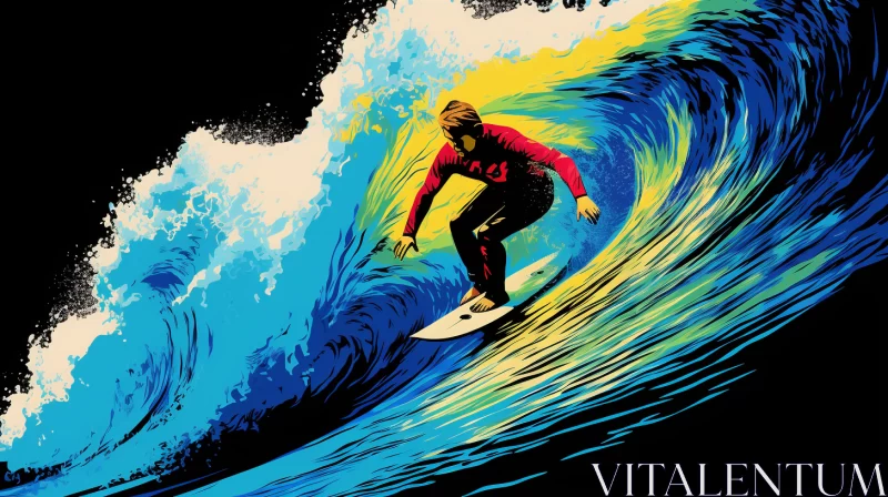 Dynamic Image of Surfer Riding High Wave, Graphic Bold Aesthetic, Vibrant Color Usage with High Reso AI Image