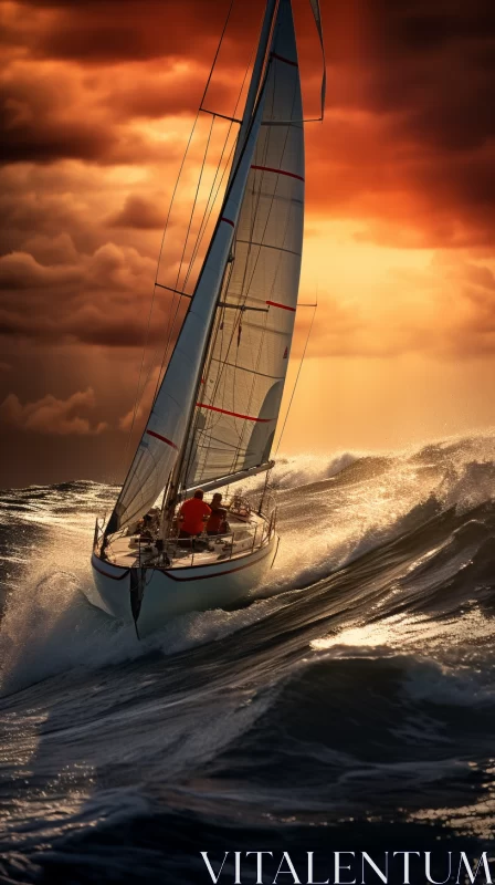 AI ART Marine Photography: Sailboat in Stormy Ocean at Sunset