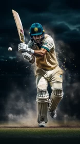 Photorealistic Cricket Player in Mid-Swing against Abstract Backdrop AI Image