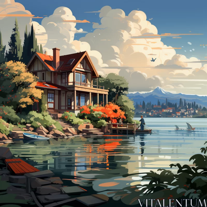 Serene Anime Art of House on Hill Overlooking Tranquil Lake AI Image