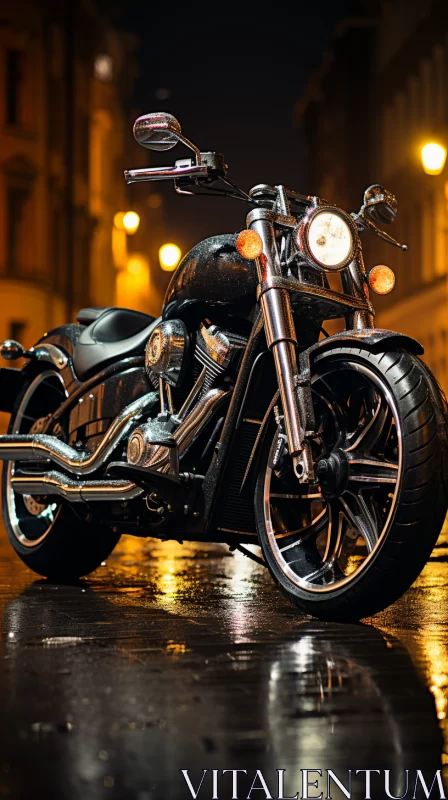 Solitary Motorcycle Reflecting City Lights on Wet Sidewalk AI Image