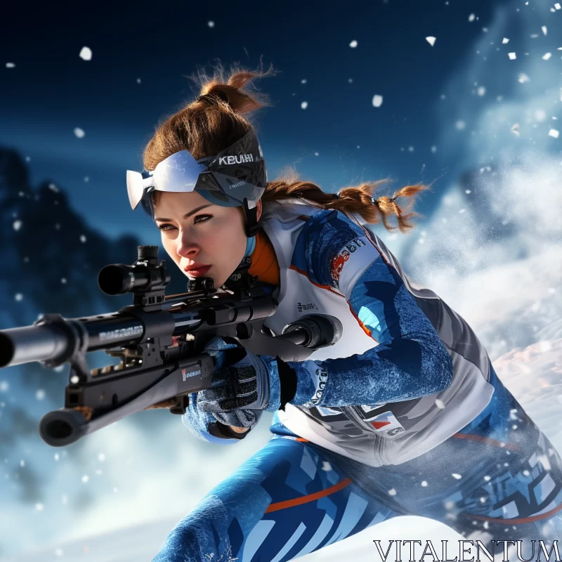 AI ART Spirited Woman in Sled Gear Aiming Rifle in Snow