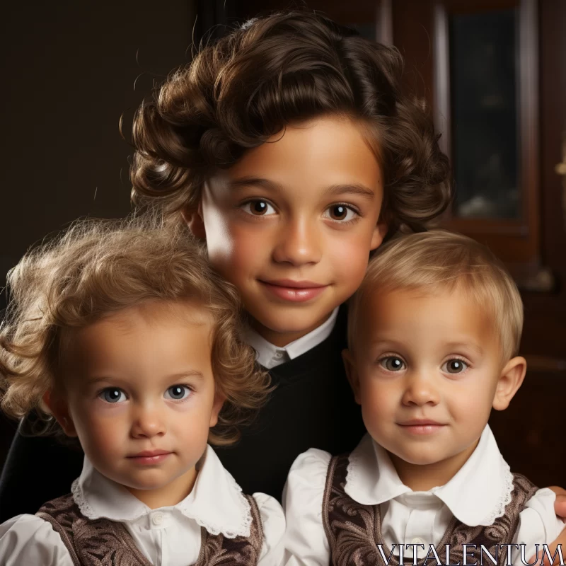 Classic Portraiture of Children in Dark White and Brown AI Image