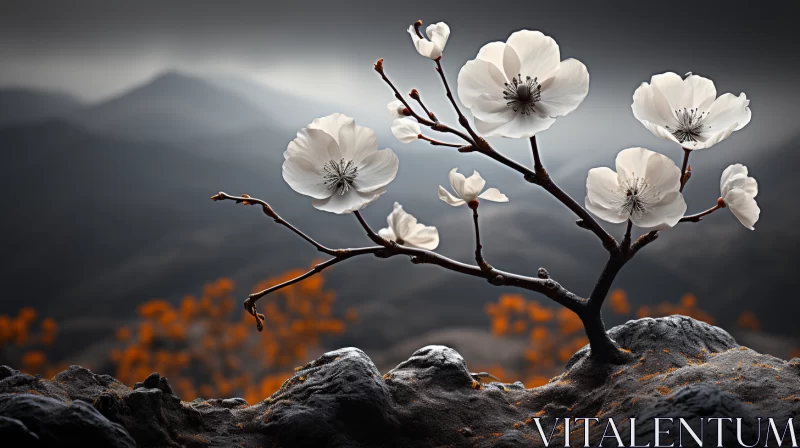 Floral Surrealism: A Tree Branch on a Rocky Mountain AI Image