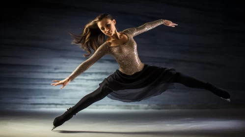 Graceful Figure Skater on Ice Rink with Sabattier Effect AI Image