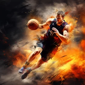 High-Angle Oil-Style Painting of Basketball Player in Fiery Colors AI Image