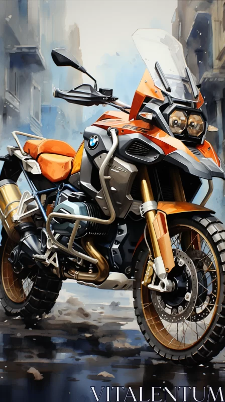 AI ART Orange and Silver BMW Motorcycle Ready to Race in Cityscape