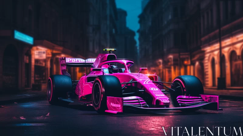 Photorealistic Animation of Pink F1 Car Speeding through Dark City  - AI Generated Images AI Image