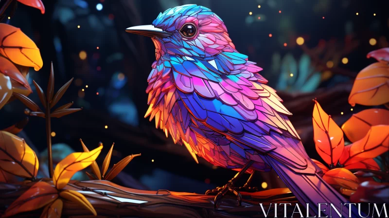 Stunning Bird Perched on Branch in Lush Forest: A Vibrant Explosion of Colors in Neon Realism AI Image