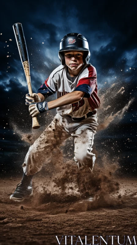 Young Baseball Player Poised for Swing in Dramatic Light AI Image
