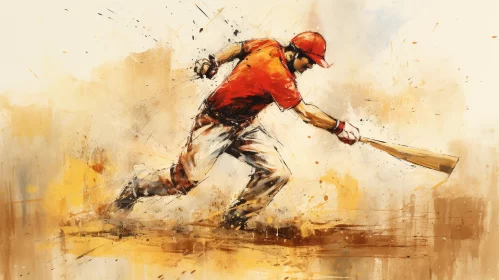Dynamic Baseball Player Painting with Warm Tones & Whimsical Birds AI Image