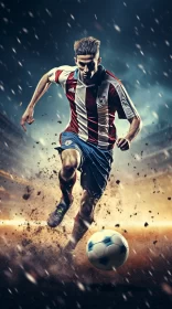 Dynamic Soccer Player Scene in Rainstorm with Realistic Portraiture, Vibrant Colors, and Kimoicore-H AI Image