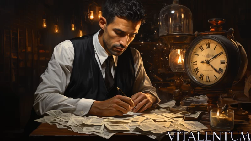 Gilded Age Inspired Image of Man Engaged in Financial Calculations AI Image