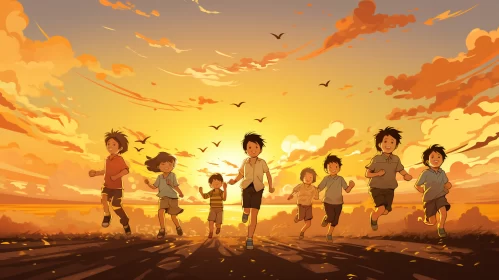 Heartwarming Illustration of Children Running at Sunset AI Image
