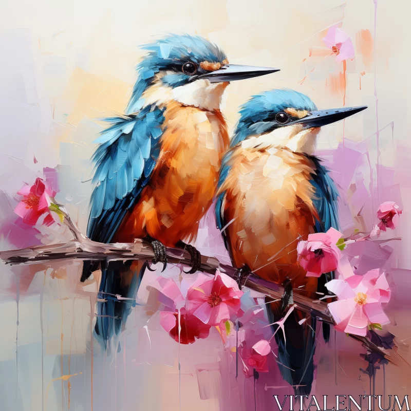 Mesmerizing Painting of Kingfisher Birds on a Cherry Blossom Tree - Vibrant and Detailed Nature Artw AI Image