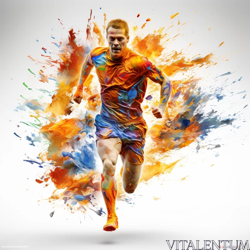 Soccer Player in Orange Shirt Amidst Colorful Paint Splatters AI Image