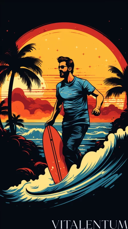 Striking Graphic Illustration of Surfer Riding Majestic Wave under Tropical Sunset with Vibrant Colo AI Image