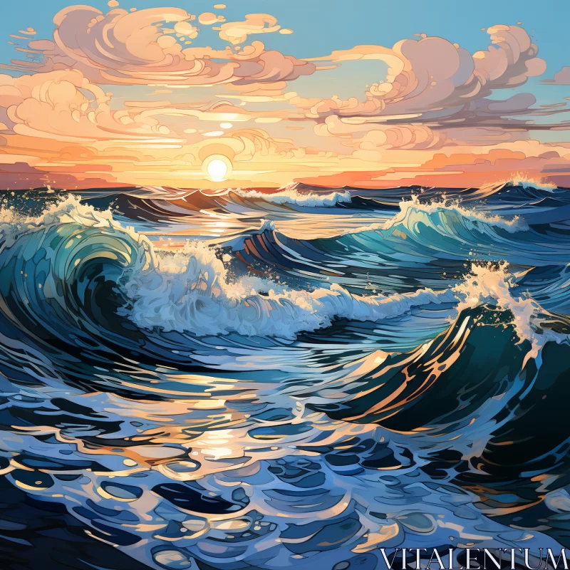 Surreal Stormy Sea at Sunset in Pixel Art with Hidden Eagles AI Image
