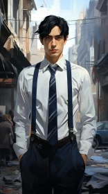 Futuristic Street Portrait Painting of a Stylish Man with Suspenders and Tie