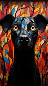 Neocubism and Gond Art Image with Black Dog Amidst Vibrant Leaves