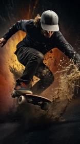 Ultra-HD Image of Skateboarder Jumping in Muddy Terrain with Dark Gold and Orange Hues AI Image