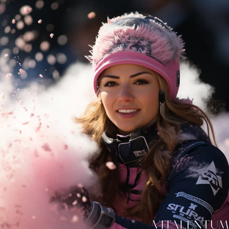 Vibrant Winter Scene with Woman in Pink Attire Gazing at Snowy Sky AI Image