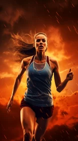 Apocalyptic Sunset Scene with Determined Female Runner AI Image