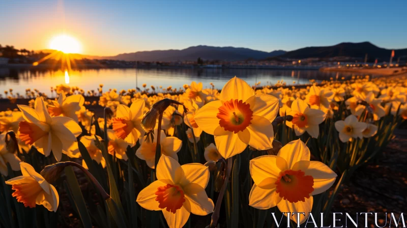 Daffodils in Bloom: A Golden Light Scenery AI Image