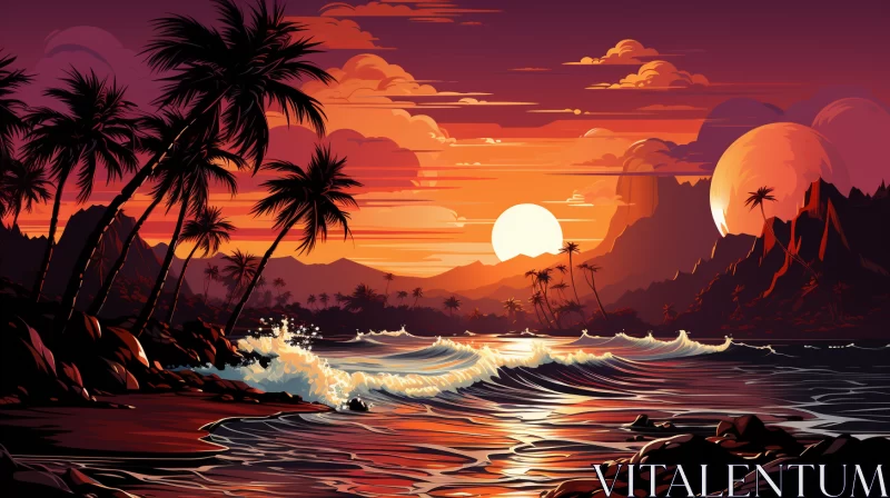 Exotic Coastal Landscape Painting in Crimson and Amber AI Image