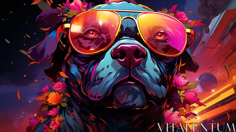 Humorous Dog Portrait in Tropical Landscape with Flowerpunk Aesthetics AI Image