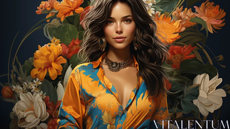 Photorealistic Portrait of Woman with Orange Flowers in Exotic Jungle Backdrop AI Image