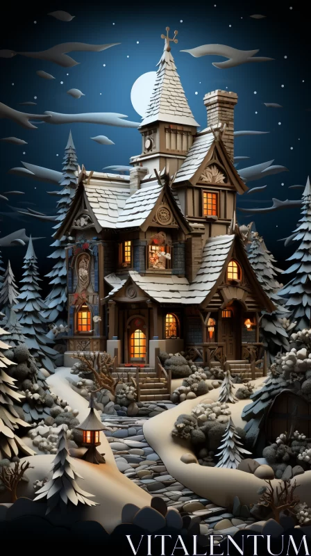 Storybook Winter House in Snowy Forest - A Fantasy Art Piece AI Image