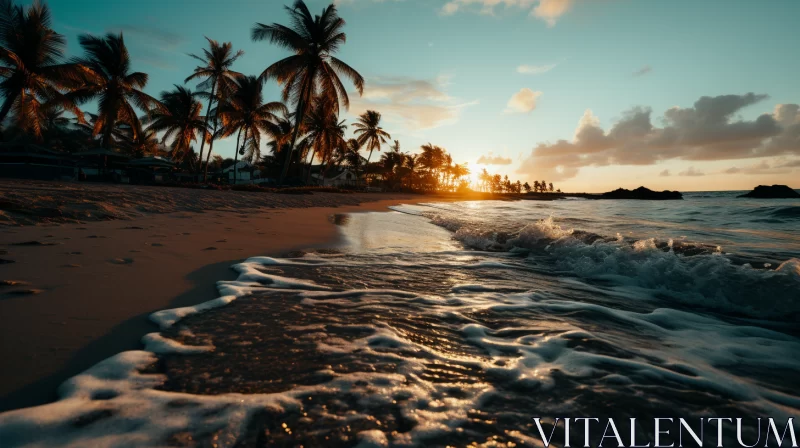 Sublime Tropical Beach at Sunset with Afro-Caribbean Aesthetics AI Image
