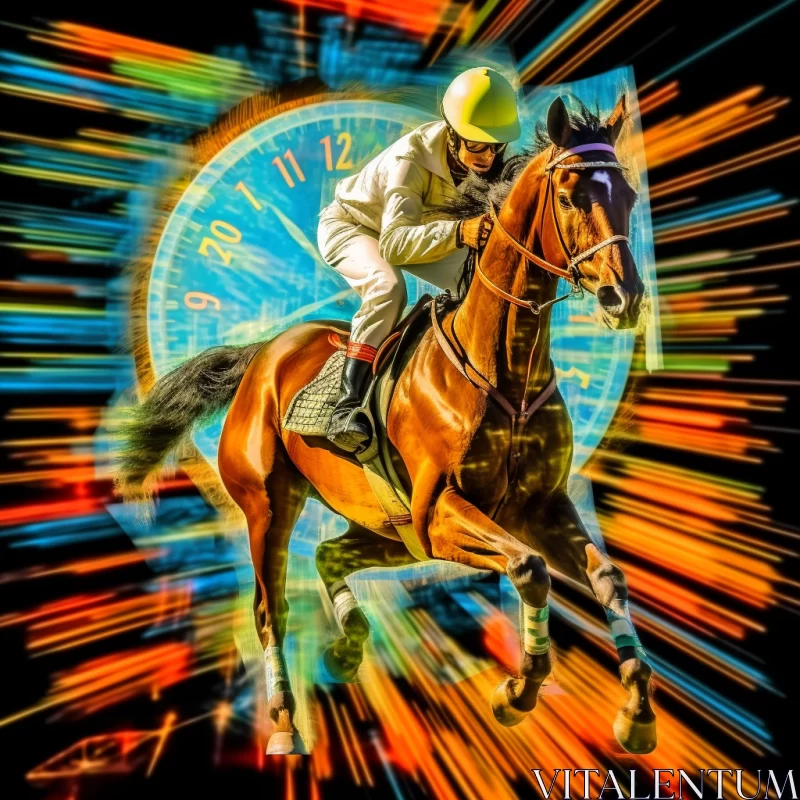 Surreal 8K Art Collage: Man on Clock-Legged Horse with Neon Vibrance and Historical Photomontage AI Image