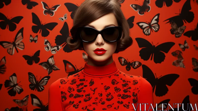 Vintage Modernism: Lady in Sunglasses against Butterfly Wallpaper AI Image