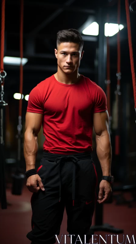 Confident Man in Red Shirt Showcasing Physical Prowess in Gym AI Image