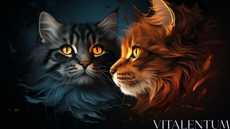 Digitally Painted Fiery Eyed Cats in Dark Fantasy Setting AI Image