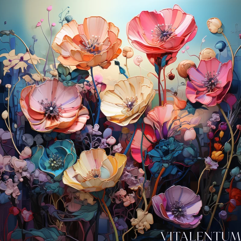 Enchanting Floral Artwork with Colorful Flowers and Luminous Shadows AI Image
