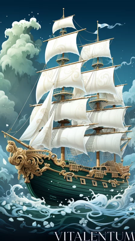 Rococo-Baroque Sailing Ship Amidst Tumultuous Sea with Game Art Elements AI Image