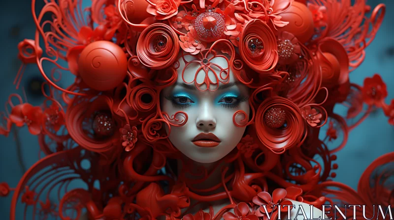 Surrealistic 3D Girl with Floral Elements and Intricate Costumes AI Image