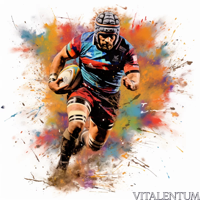 AI ART Dynamic Rugby Player Illustration in Bombacore Style with Vibrant Maroon and Blue Splashes